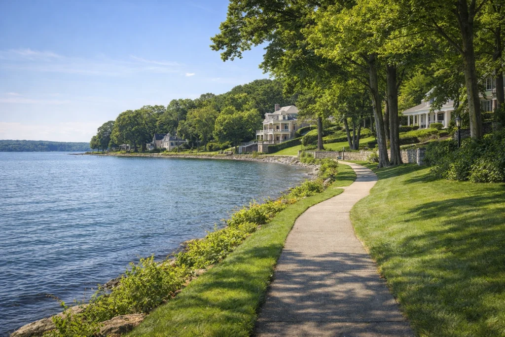 Lake Geneva Shore Path in Wisconsin with lakeside walking trail trees and historic estates