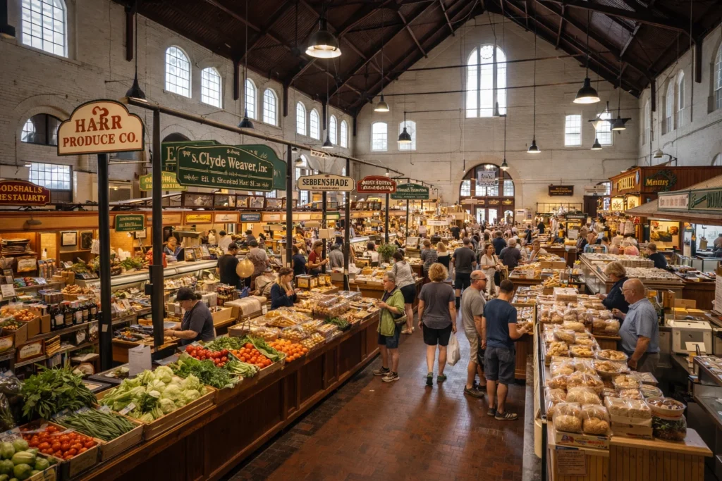 Historic interior of Lancaster Central Market in Lancaster, Pennsylvania, one of the top 5 places to visit in Lancaster