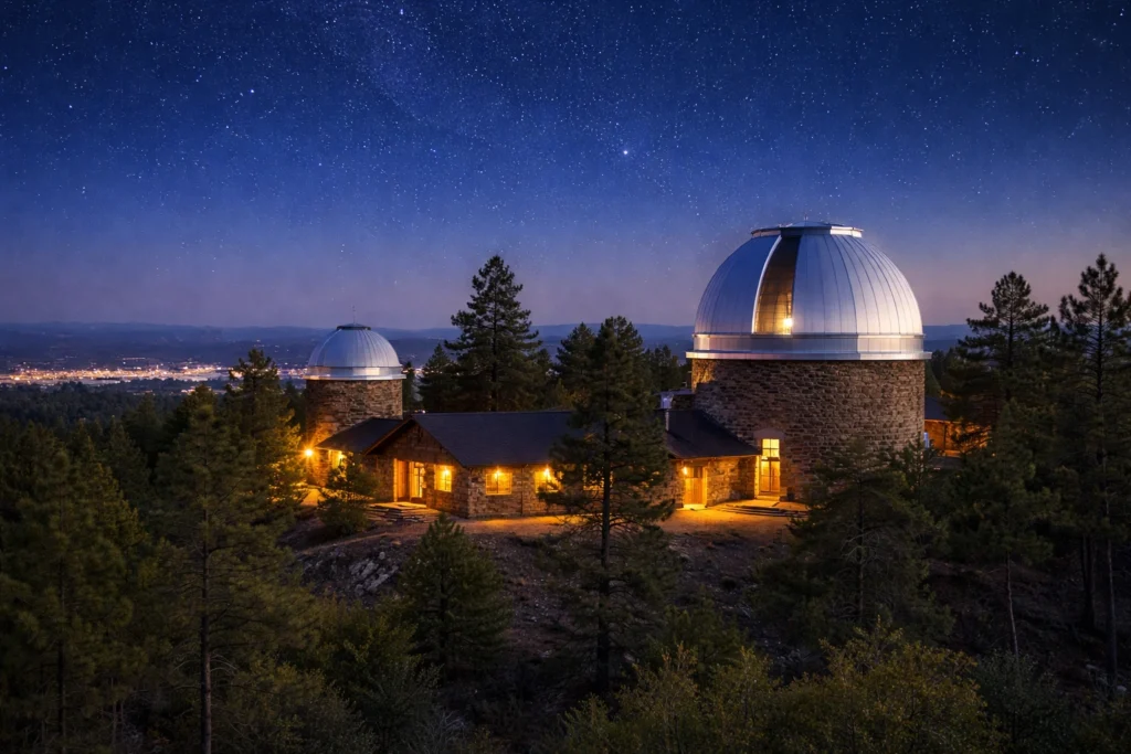 Lowell Observatory in Flagstaff under a star-filled night sky