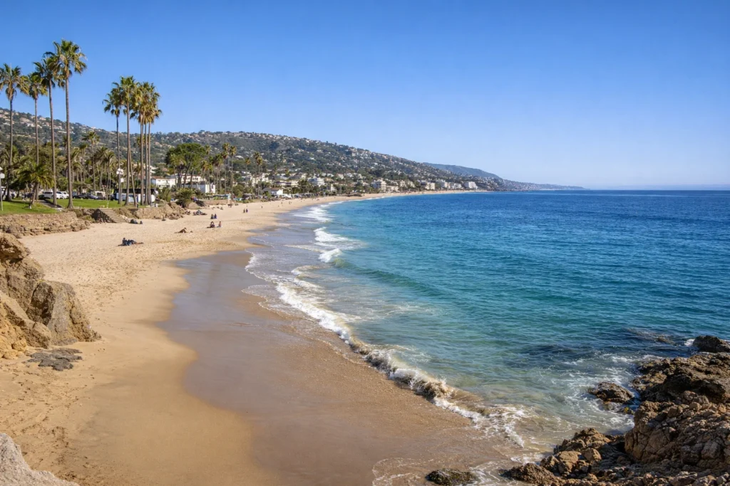 Main Beach in Laguna Beach with golden sand, ocean waves, and palm trees