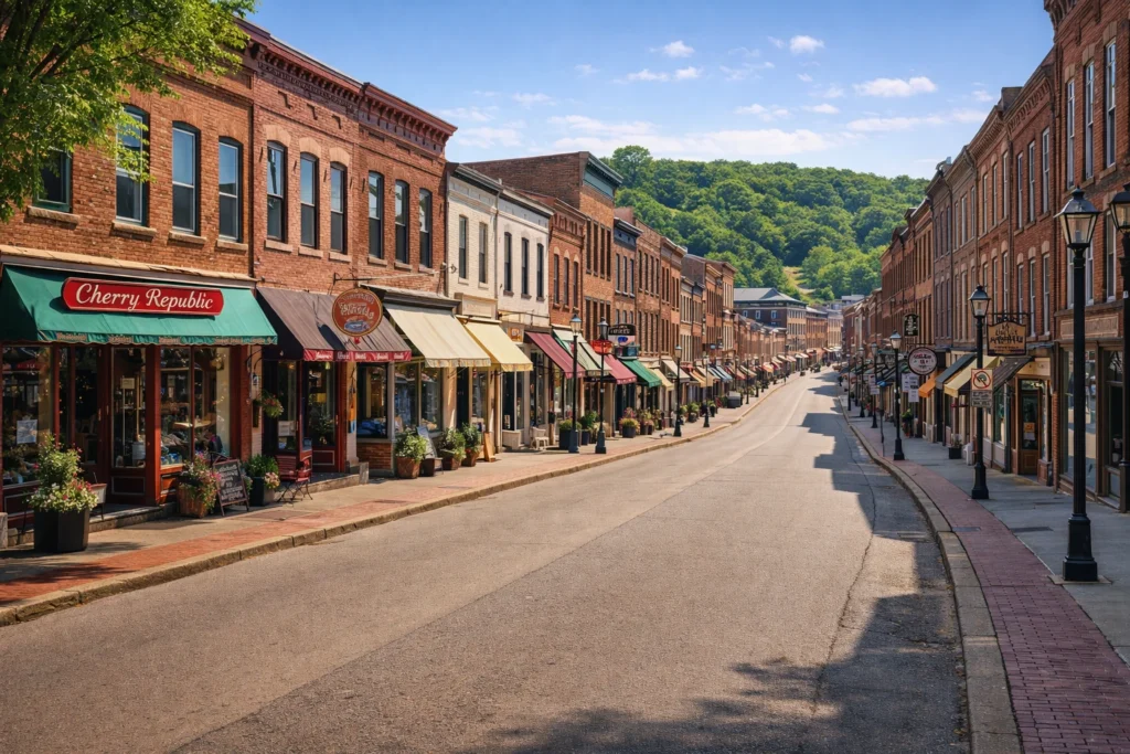 Main Street in downtown Galena Illinois with historic brick buildings and sloping street