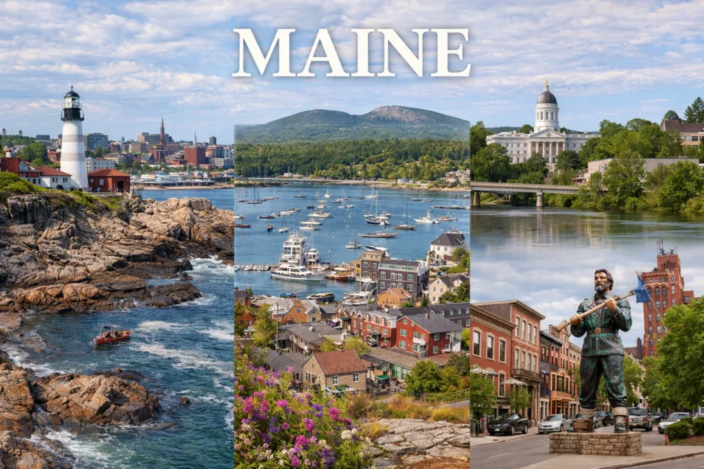 Realistic Maine travel guide image showing Portland Head Light on the coast, Bar Harbor harbor with boats, Augusta State Capitol, and downtown Bangor streets under natural daylight.
