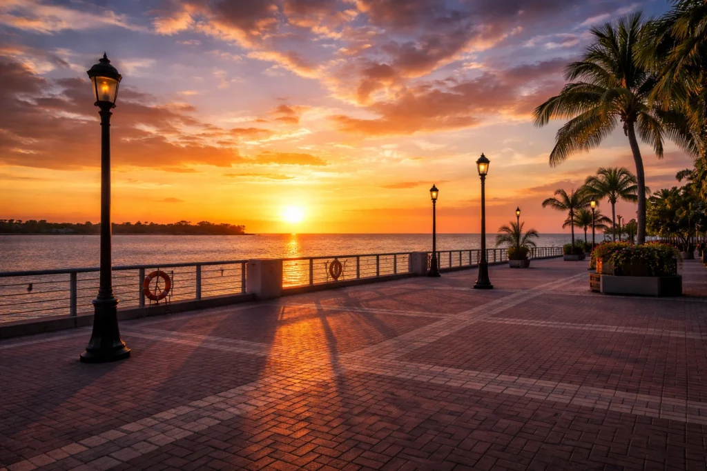 Mallory Square sunset in Key West Florida overlooking the Gulf of Mexico with palm trees and waterfront walkway