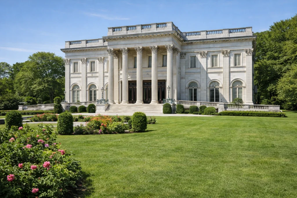 Marble House mansion front façade and gardens in Newport Rhode Island