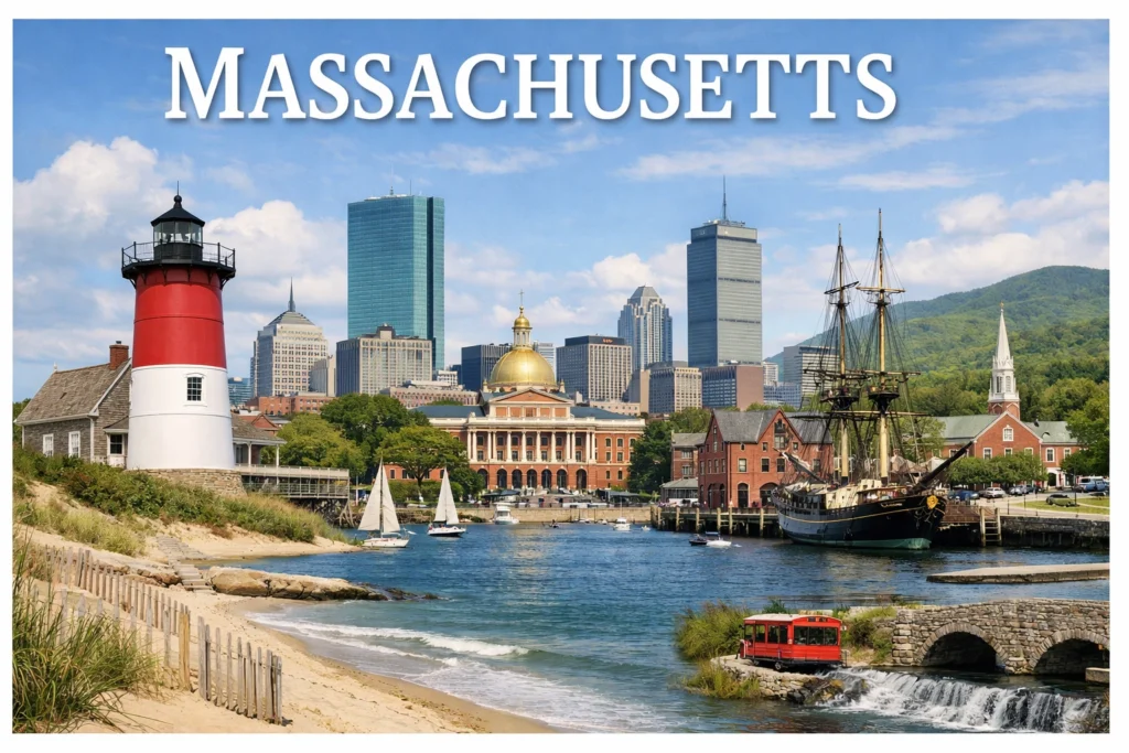 Ultra-realistic travel guide cover of Massachusetts featuring Boston skyline, Cape Cod lighthouse, Salem harbour, and the Berkshires landscape under natural daylight