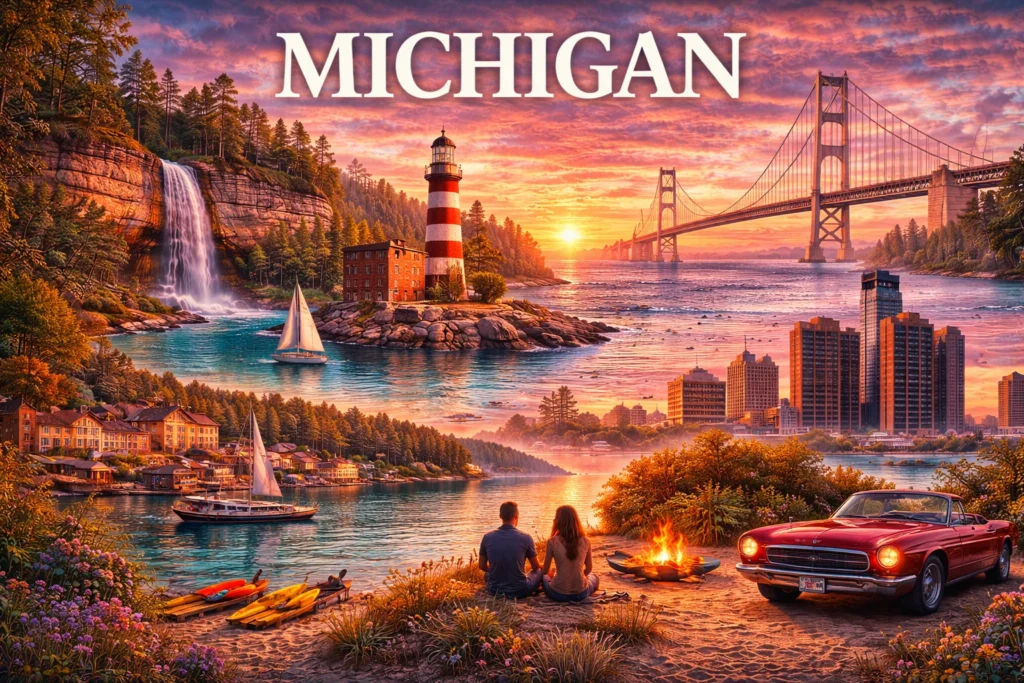 Michigan travel guide image featuring the Mackinac Bridge, Pictured Rocks cliffs, Great Lakes shoreline, lighthouses, Traverse City waterfront, Detroit skyline, and scenic sunset views.