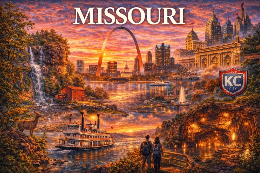 Missouri travel guide image featuring the Gateway Arch in St. Louis, Missouri River steamboat, scenic waterfalls, cave landscapes, Kansas City skyline, historic architecture, and autumn scenery at sunset.