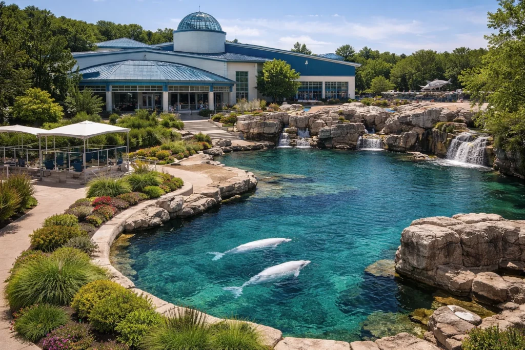 Mystic Aquarium beluga whale habitat and exterior view in Mystic Connecticut