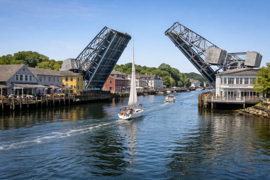 Mystic River Bascule Bridge raised with boats passing through in Mystic Connecticut