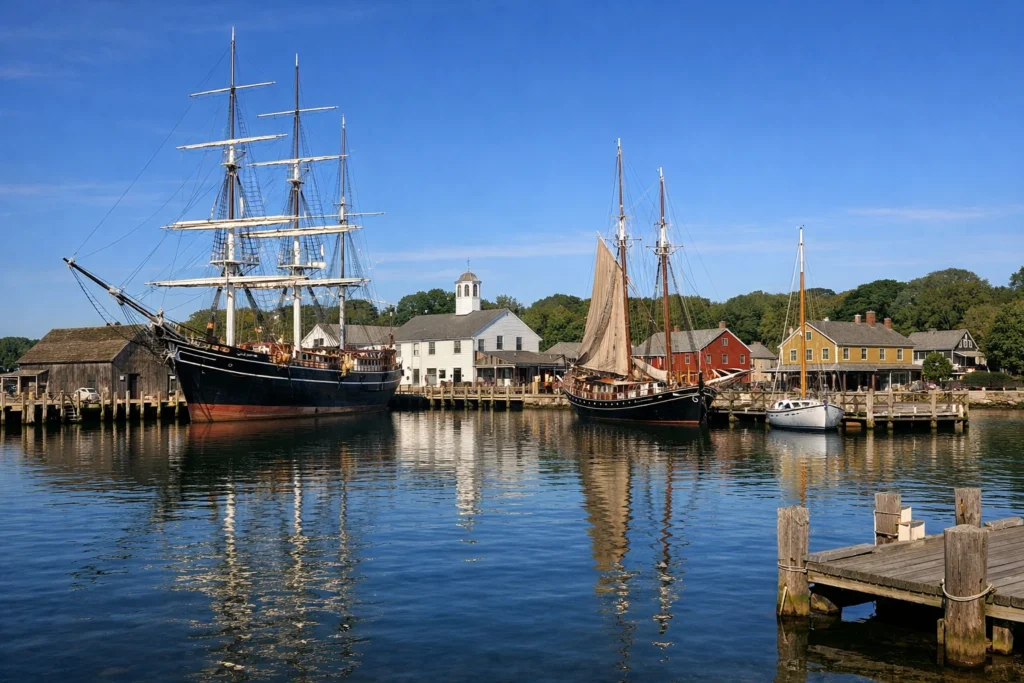 Mystic Seaport Museum waterfront with historic sailing ships in Mystic Connecticut