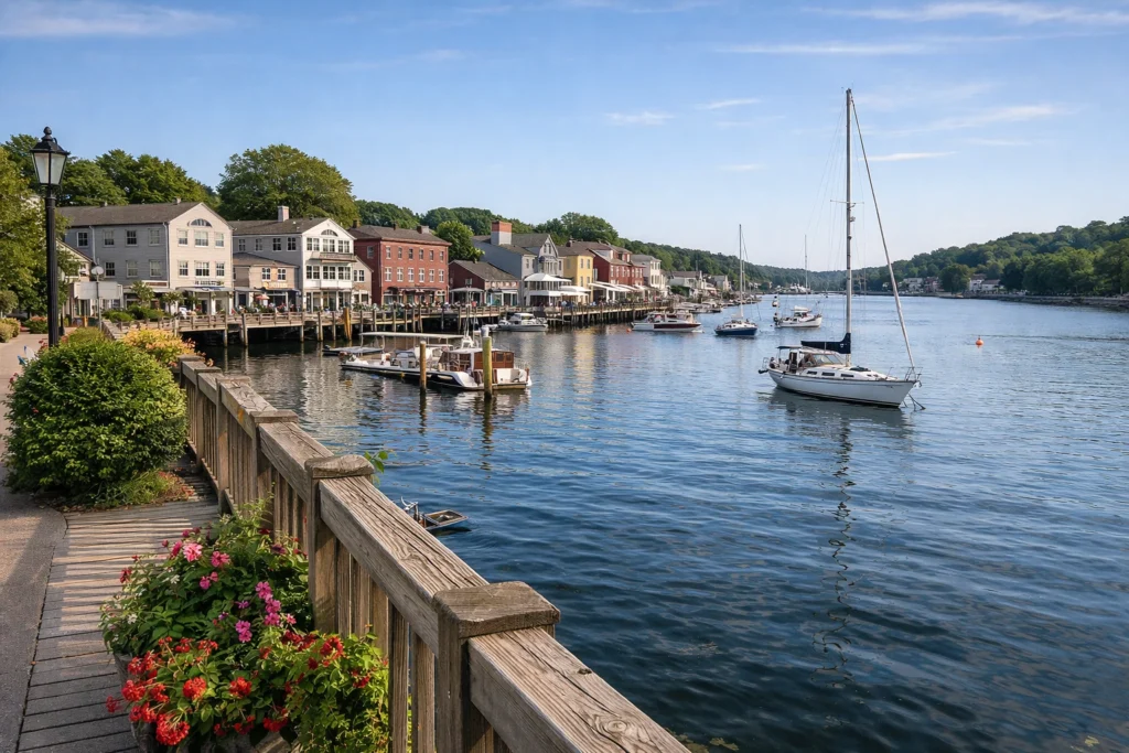 Top 5 places to visit in Mystic downtown waterfront harbour with boats and Riverwalk in Mystic Connecticut
