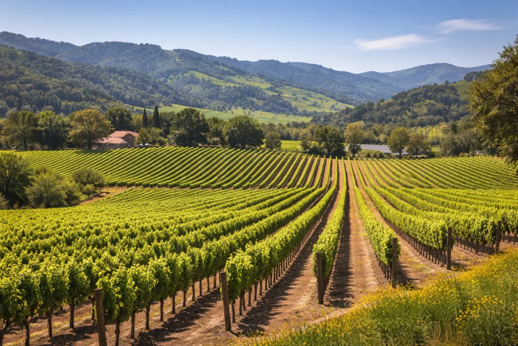 Top 5 places to visit in Napa ,Rolling Napa Valley vineyards with green hills and grapevine rows