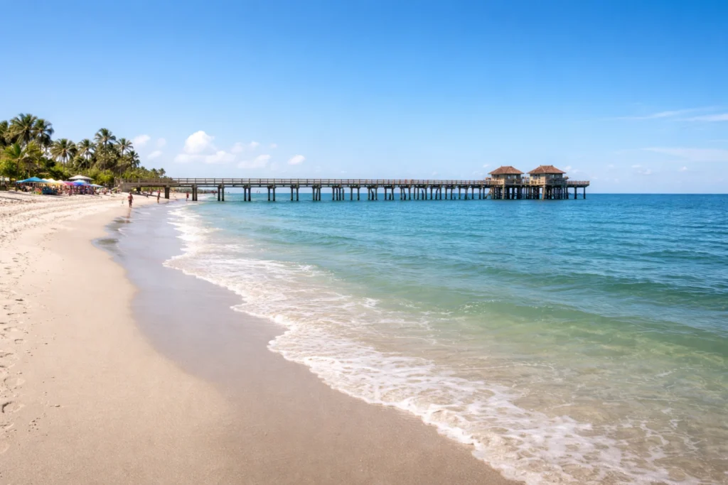Top 5 places to visit in Naples Florida featuring Naples Pier and white sandy beach