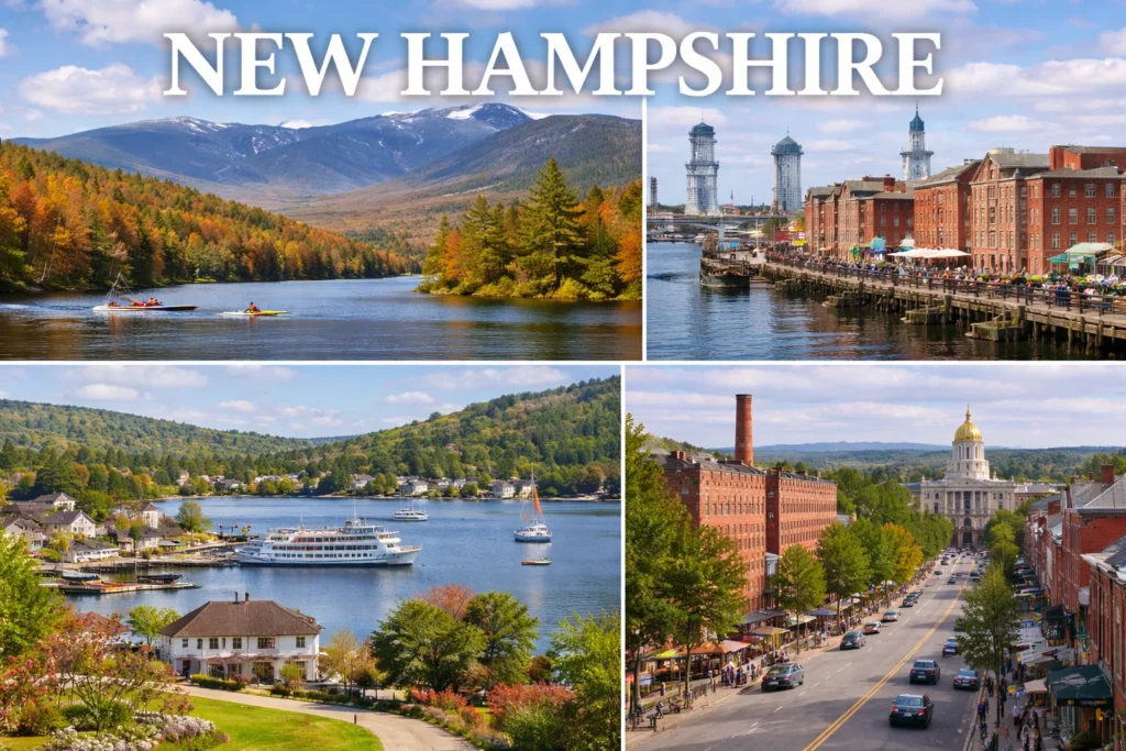 Realistic New Hampshire travel guide image showing the White Mountains, Lake Winnipesaukee shoreline, Portsmouth waterfront, Manchester mill district, and Concord State House under natural daylight.