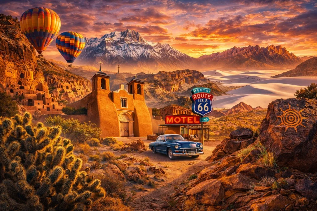New Mexico travel guide image featuring hot air balloons, adobe churches, cliff dwellings, Route 66, desert landscapes, White Sands, and dramatic mountain scenery at sunset.