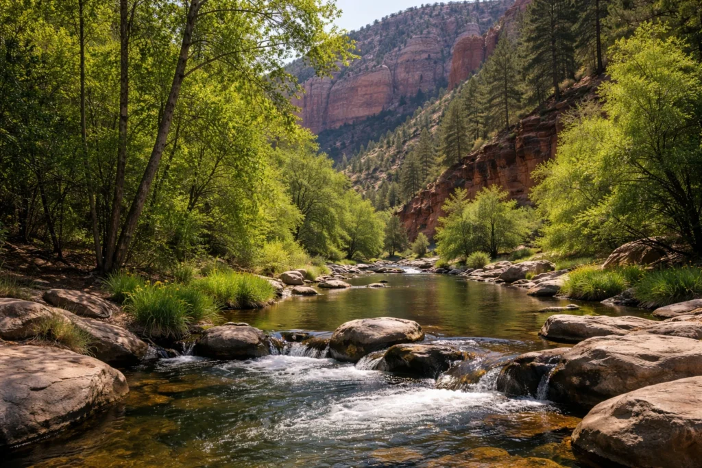 Oak Creek Canyon near Sedona with flowing creek, greenery, and red rock cliffs