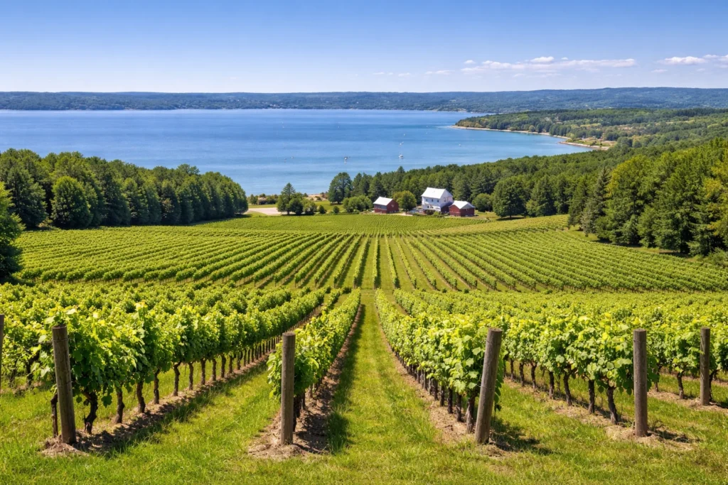 Old Mission Peninsula near Traverse City Michigan with vineyards overlooking Grand Traverse Bay