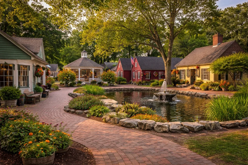 Olde Mistick Village central courtyard with colonial buildings in Mystic Connecticut