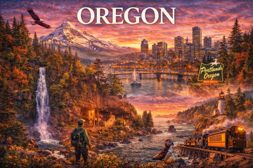 Oregon travel guide image featuring Mount Hood, Multnomah Falls, Portland skyline, rugged Pacific coastline, lighthouses, evergreen forests, and scenic river landscapes at sunset.