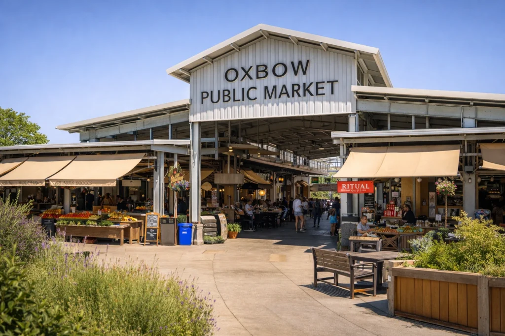 Oxbow Public Market in Napa with open-air vendors and modern market setting