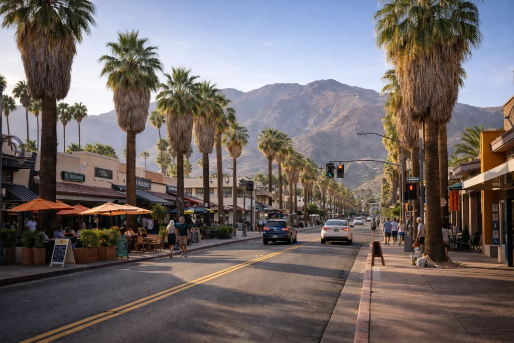 Palm Canyon Drive in downtown Palm Springs with palm-lined streets, shops, outdoor dining, pedestrians, and mountain views