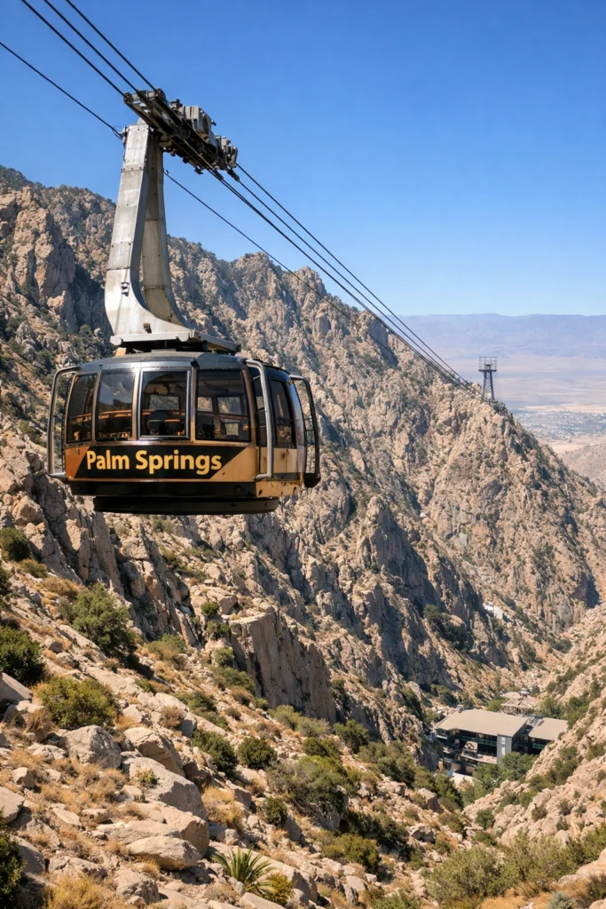 Top 5 Places to Visit in Palm Springs Palm Springs Aerial Tramway car rising from the desert floor toward the rugged San Jacinto Mountains under a clear blue skyPalm Springs Aerial Tramway car rising from the desert floor toward the rugged San Jacinto Mountains under a clear blue sky