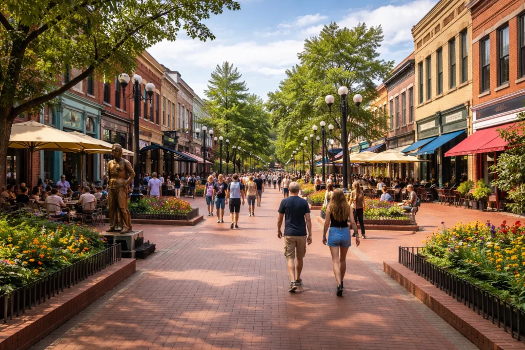 Pearl Street Mall in Boulder with brick walkways, shops, and outdoor seating