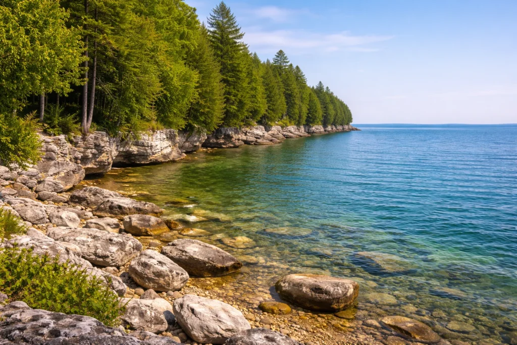 Top 5 places to visit in Door County – Peninsula State Park rocky shoreline along Green Bay