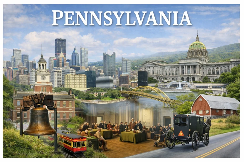 Ultra-realistic travel guide cover of Pennsylvania featuring Philadelphia landmarks, Pittsburgh skyline and bridges, Amish countryside, and the Harrisburg State Capitol in natural daylight