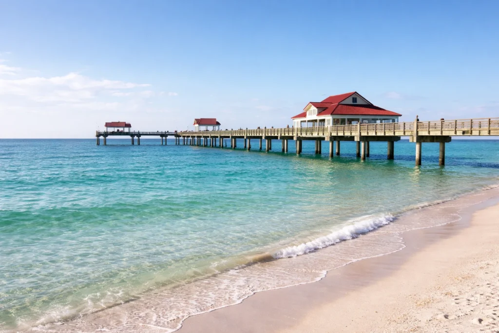 Pier 60 in Clearwater Beach Florida extending into the Gulf of Mexico with turquoise water