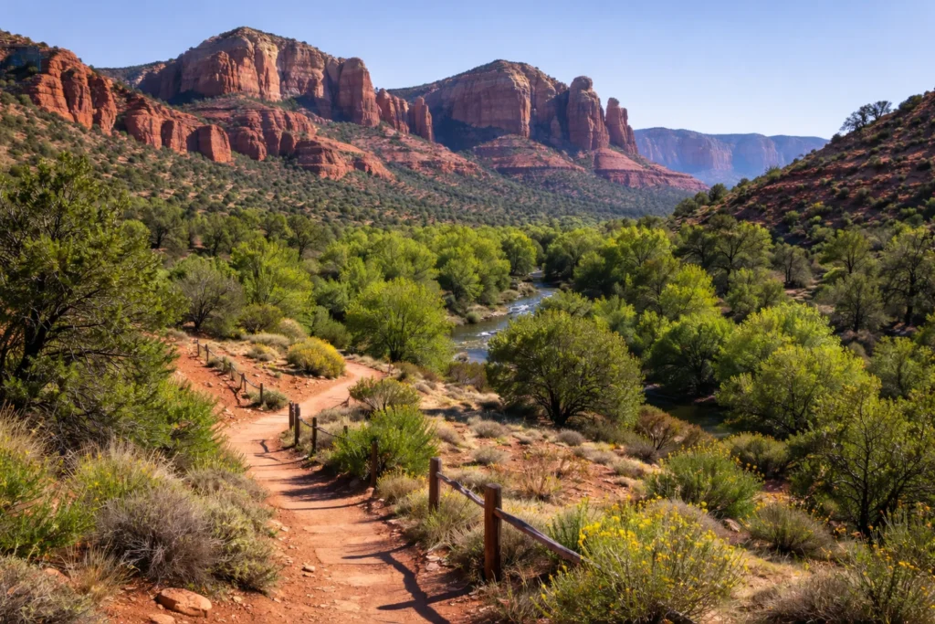 Red Rock State Park near Sedona with hiking trails, Oak Creek, and red sandstone cliffs
