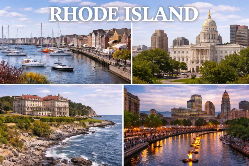 Realistic Rhode Island travel guide image showing Newport Harbor marina, the Rhode Island State House in Providence, the Newport Cliff Walk near The Breakers, and downtown Providence during a Water Fire event under natural lighting.
