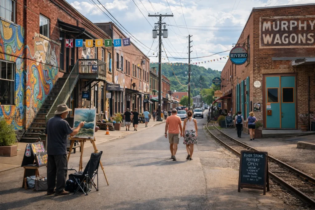 Top 5 places to visit in Asheville featuring the River Arts District with art studios and murals