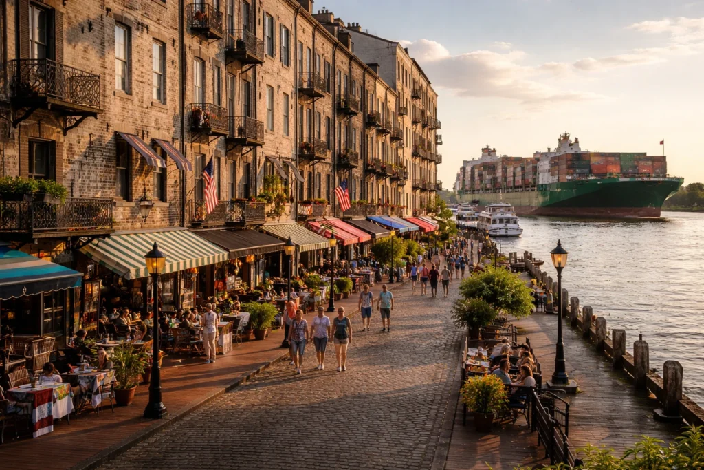 River Street waterfront in Savannah with historic brick buildings and views of the Savannah River