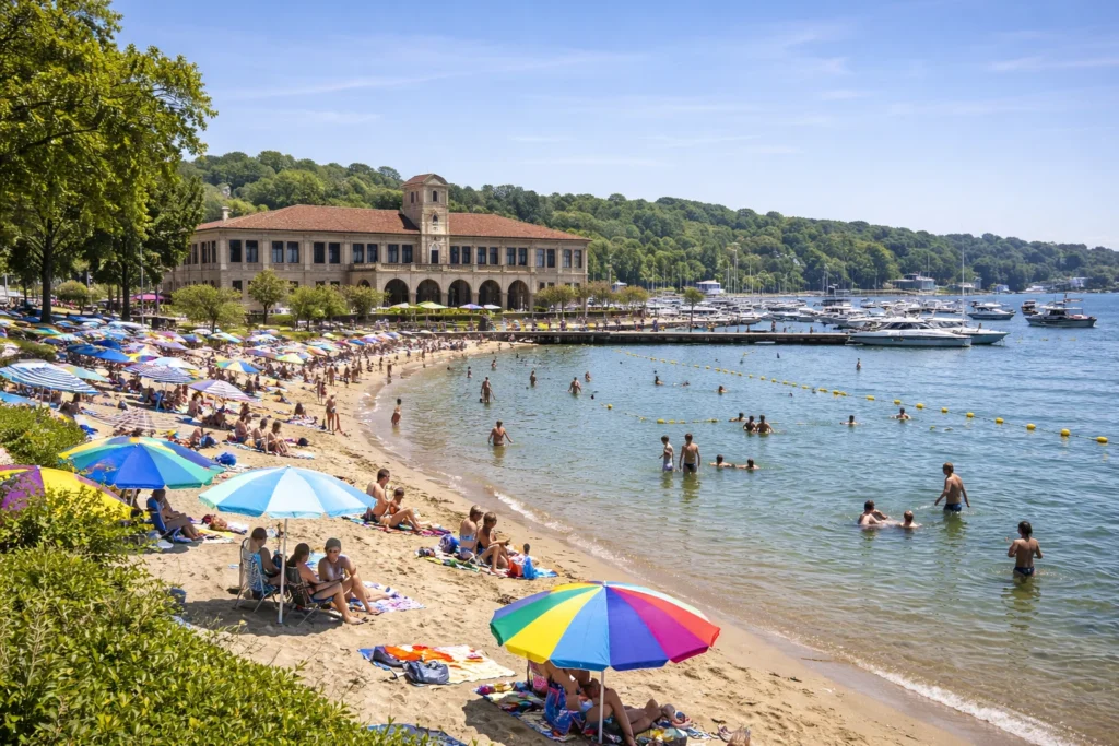 Riviera Beach in Lake Geneva Wisconsin with sandy shoreline calm lake water and pier