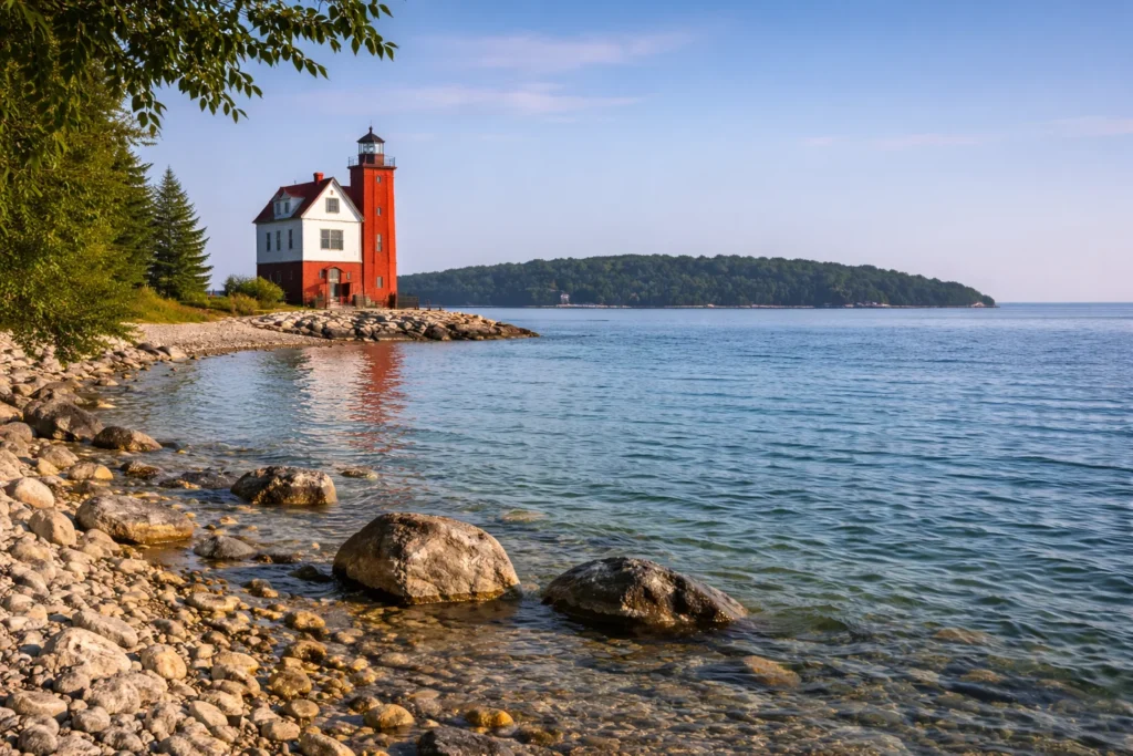 Top 5 places to visit in Mackinac Island – Round Island Lighthouse along the shoreline