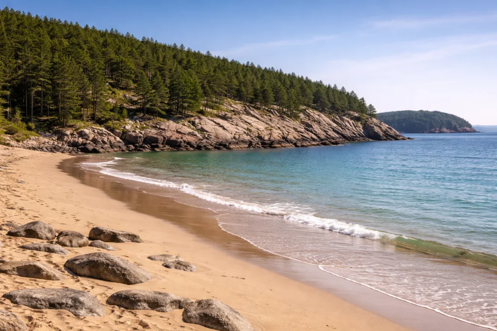 Top 5 places to visit in Bar Harbor – Sand Beach in Acadia National Park framed by rocky cliffs