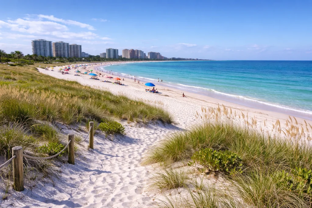 Sand Key Park in Clearwater Florida with white sand beach coastal dunes and turquoise Gulf waters