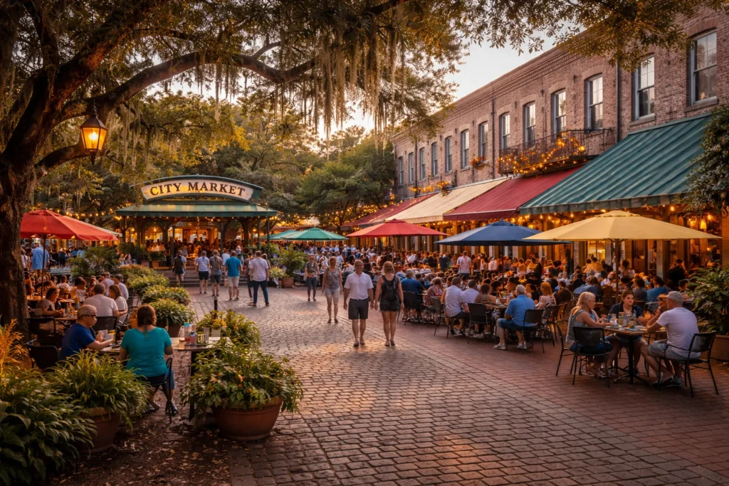Savannah City Market with outdoor dining, historic buildings, and lively evening atmosphere