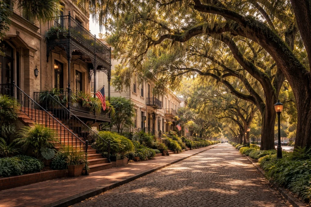 Savannah Historic District street view with oak trees and Spanish moss