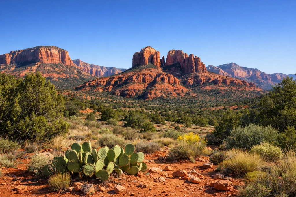 Sedona red rock formations under a clear blue sky