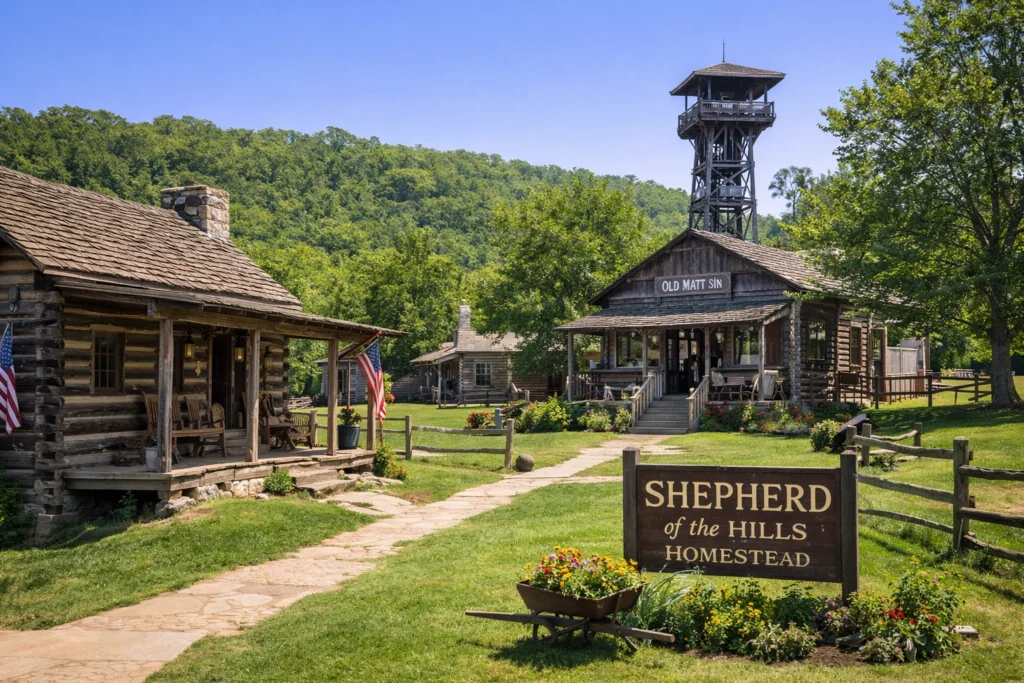 Shepherd of the Hills Homestead in Branson Missouri with historic cabins and Ozark landscape