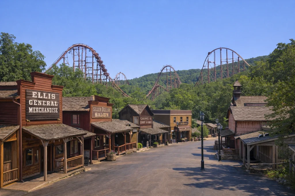 Silver Dollar City in Branson Missouri with Ozark-style wooden buildings and roller coasters