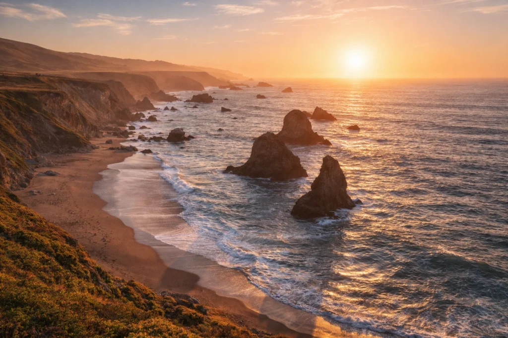 Sonoma Coast State Park in California with rugged coastal cliffs sandy beach sea stacks and Pacific Ocean at sunset