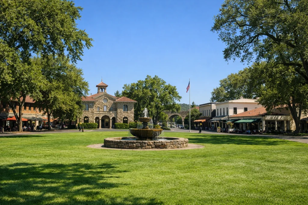 Sonoma Plaza in downtown Sonoma California featuring historic buildings green lawn and oak trees in wine country
