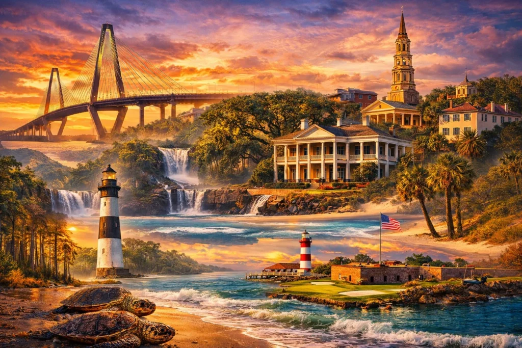 South Carolina travel guide image featuring Charleston skyline, Arthur Ravenel Jr. Bridge, historic plantations, coastal beaches, lighthouses, waterfalls, and iconic Lowcountry scenery at sunset.