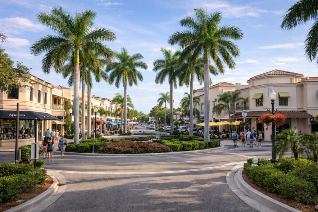 Top 5 places to visit in Sarasota Florida featuring St. Armands Circle shopping and dining area
