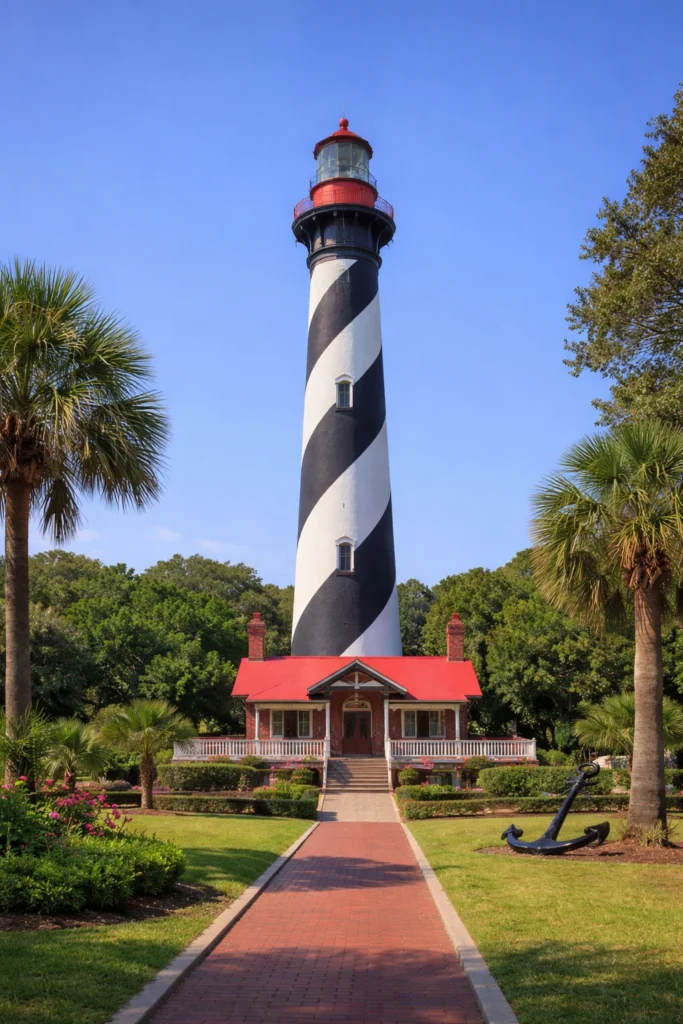 St. Augustine Lighthouse in Florida with black and white spiral tower overlooking coastal landscape