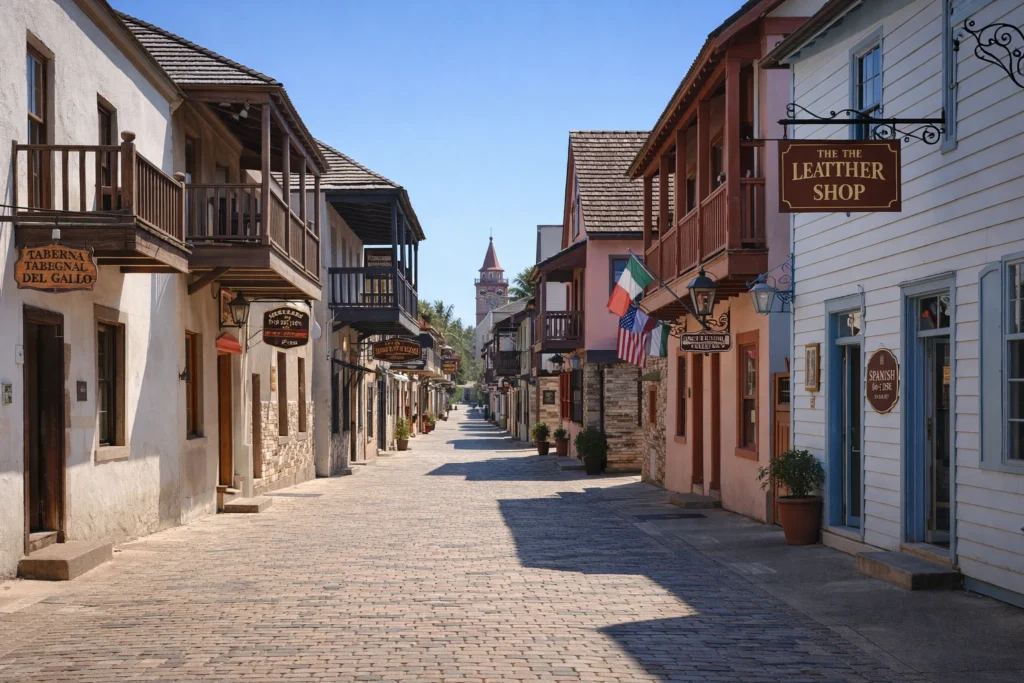 St. George Street in historic St. Augustine Florida with cobblestone walkway and colonial buildings