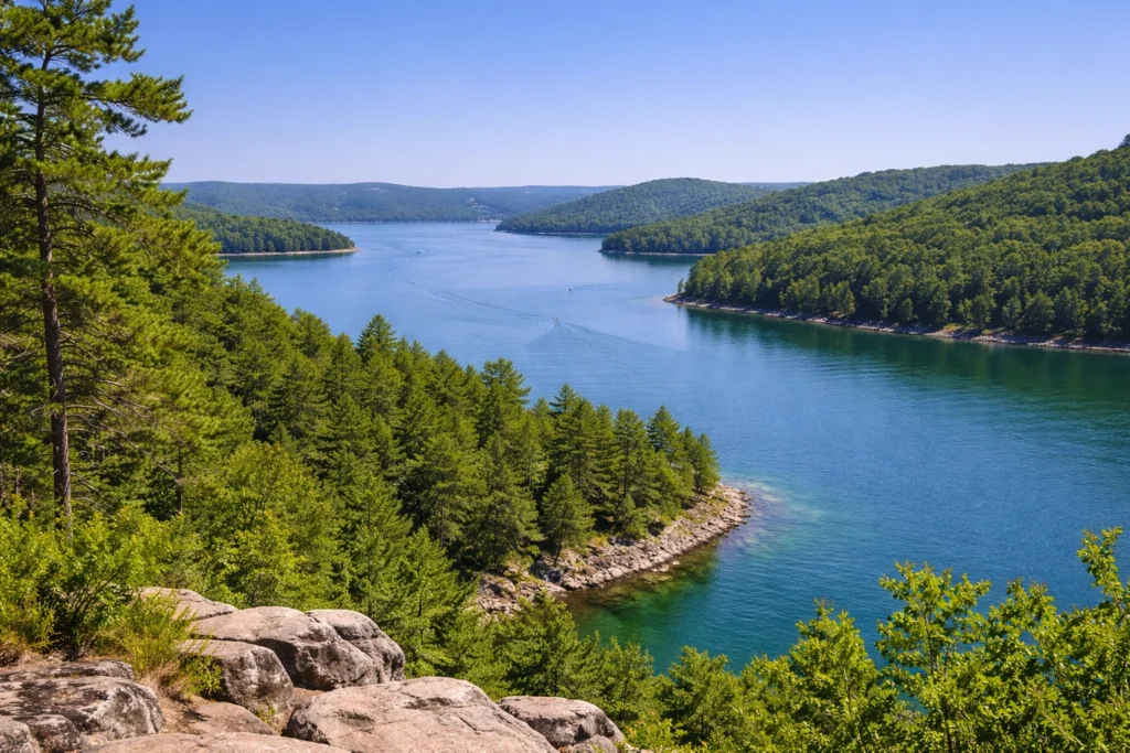 Table Rock Lake near Branson Missouri with clear blue water forested shoreline and Ozark hills